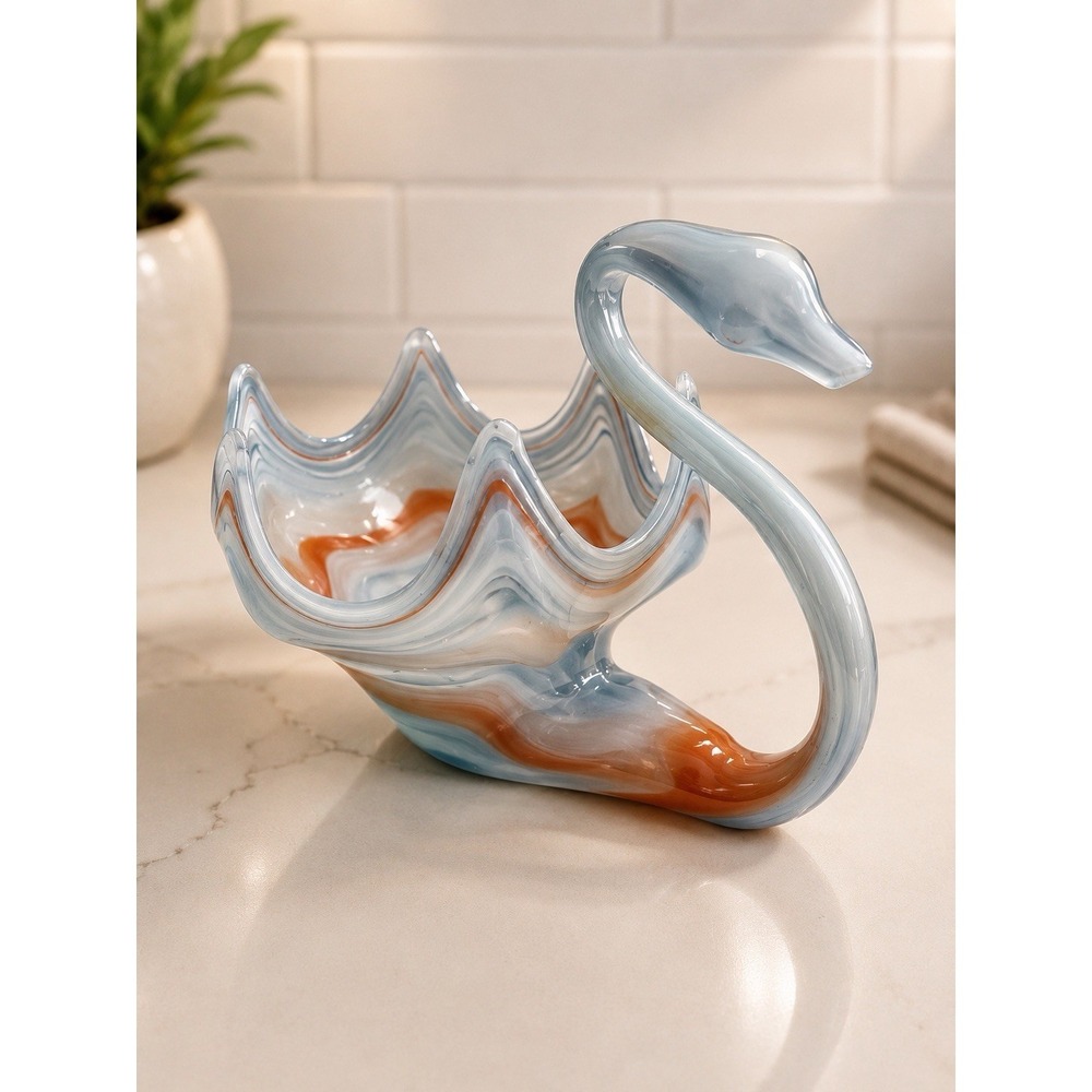 Vintage Art Glass Swan Bowl Centerpiece Blue Orange Slag MCM Style 12" Long